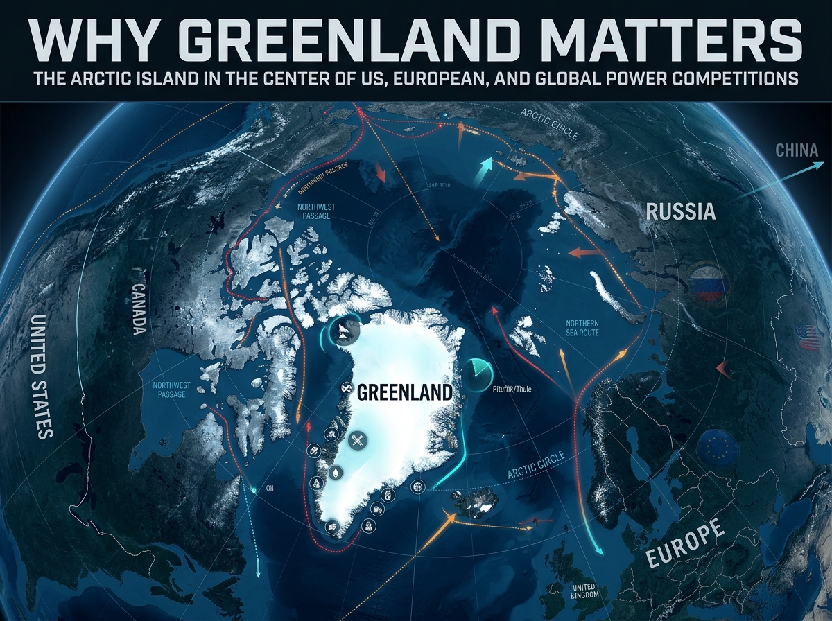 Editorial illustration of Greenland's Arctic coastline showing its geographical position between North America and Europe.